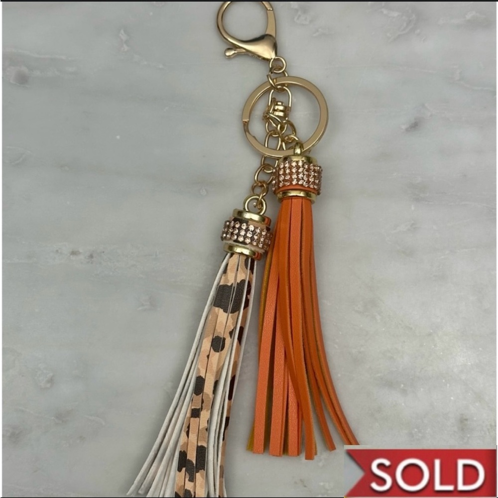 Bling Charms + Leather Tassels Keychain KeyRing Clasp